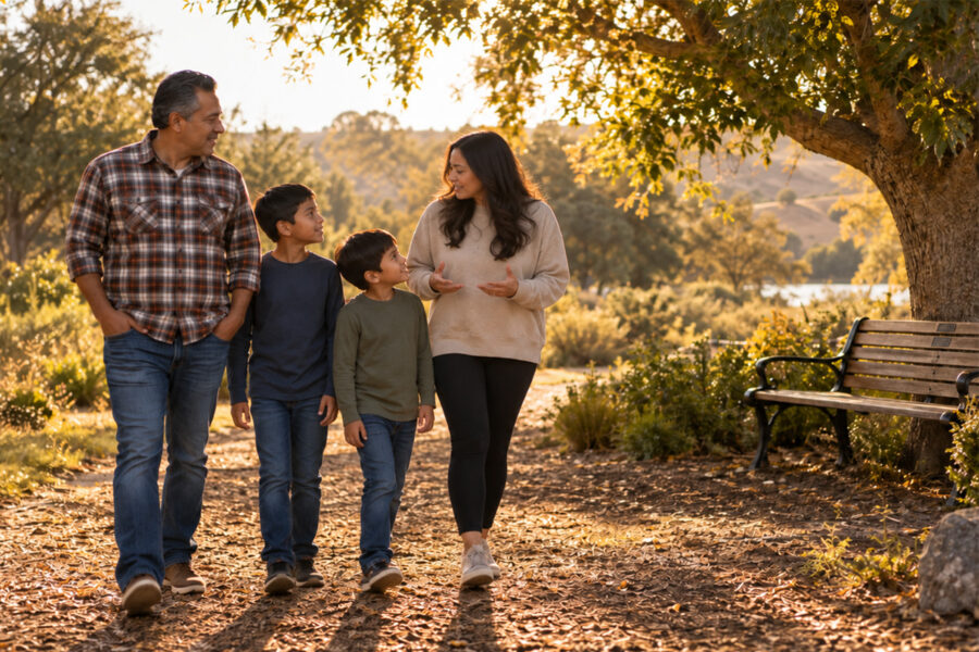 Grandparents walking with two grandchildren along a tree-lined path